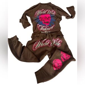 Fashion Nova Skull Graphic Jogger Set Brown Pink Streetwear Unisex M